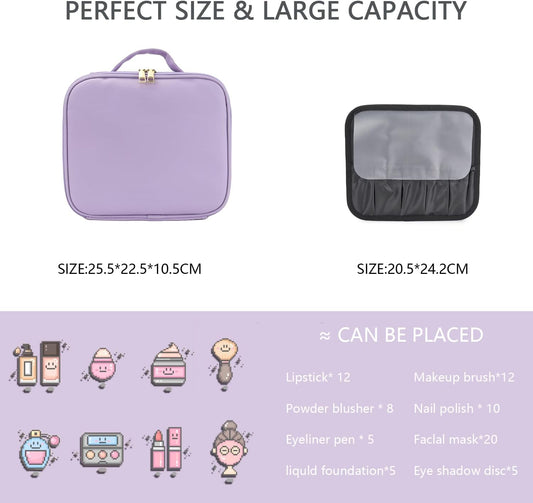 Makeup Bag with Led Mirror,Travel Makeup Organizer with 3 Color Setting, Portable Storage and Adjustable Dividers Travel Makeup Bag(Purple)