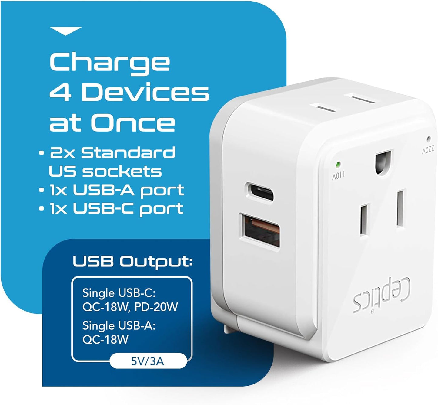 Ceptics India, Maldives Power Plug Adapter Travel Set, 20W PD & QC, Safe Dual USB & USB-C 3.1A - 2 USA Outlet - Compact - Use In Pakistan, Nepal, Bangladesh Includes Type D, Type C SWadAPt Attachments