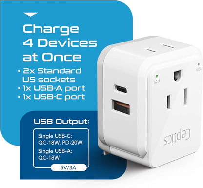 Ceptics India, Maldives Power Plug Adapter Travel Set, 20W PD & QC, Safe Dual USB & USB-C 3.1A - 2 USA Outlet - Compact - Use In Pakistan, Nepal, Bangladesh Includes Type D, Type C SWadAPt Attachments