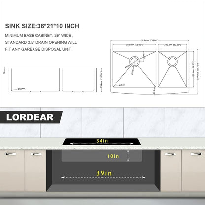 Lordear 36 Inch Double Bowl Farmhouse Kitchen Sink 36"x20-3/4"x10" Double Basin Undermount Farmhouse Kitchen Sinks 60/40 Apron Front 16 Gauge Farm Sinks