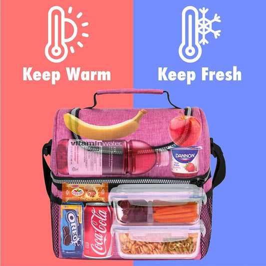 OPUX Lunch Box For Women, Insulated Large Lunch Bag Adult Work, Double Decker Lunchbox Meal Prep, Dual Compartment Leakproof Lunch Cooler, Soft Lunch Pail Tote for Girls, Kids, School (Pink, 16 Cans)