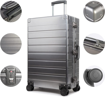 TRAVELKING All Aluminum Luggage with TSA Locks Metal Hard Shell Zipperless Spinner Alloy Metal Suitcase (Cool Metallic, 24 Inch)