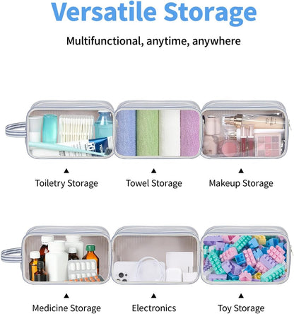 Narwey Clear Toiletry Bags for Traveling Women Men, Clear Travel Bags for Toiletries Makeup Bag Cosmetic Bag with Zipper, Make Up Organizer, Skincare Bag (Greyish Blue Stripe)
