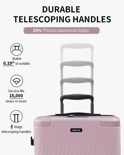 ECOHUB Hardside Expandable Carry On Luggage Sets, Recycled PC 20/24" Rolling Luggage Airline Approved with Spinner Wheels & TSA Lock, Lightweight Hardshell Travel Suitcase, 20+24 inch Carry-on Pink