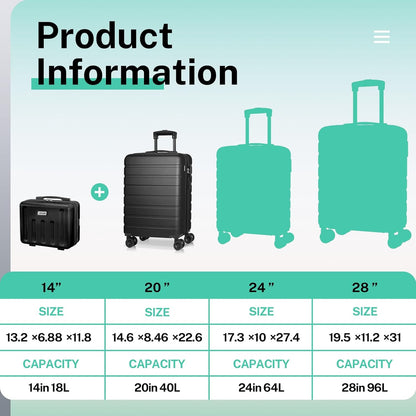 AnyZip Suitcase, 20" Carry On Luggage 14" Mini Cosmetic Cases Luggage Sets Hardside PC ABS Lightweight USB Suitcase with Wheels TSA for kids (2-Piece Set (14/20),Black)