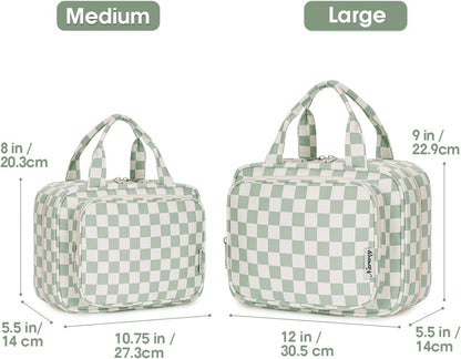 Narwey Travel Toiletry Bag for Women Large Hanging Makeup Bag Organizer Toiletries Bag for Full Size Essentials Accessories Cosmetics (Mint Green Checkerboard (Large))