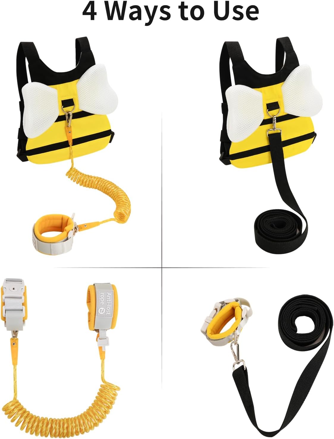Toddler Leashes + Anti Lost Wrist Link for Kids, 4 in 1 Kid Harness Backpack Leash for Girls Boys, Kids Anti Lost Leash Cute Baby Harness Belt Strap Foldable Children Safety Leash for Park Zoo Travel