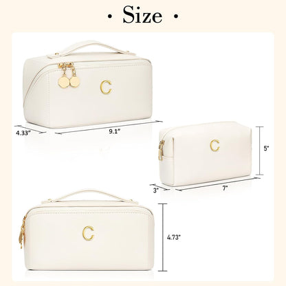 Birthday Gifts for Women Teen Girl, Personalized Initial Makeup Organizer Bag Set, Open Flat Travel Cosmetic Bag With Clear Divider and Handle(Beige,C)
