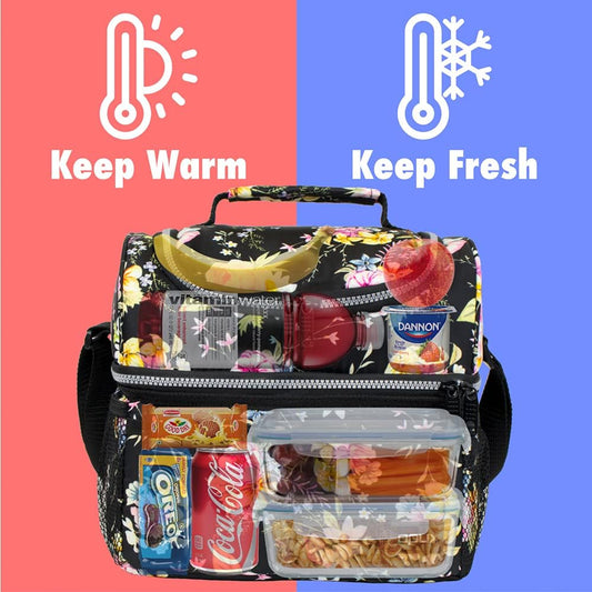 OPUX Lunch Box For Women, Insulated Large Lunch Bag Adult Work, Double Decker Lunchbox Meal Prep, Dual Compartment Leakproof Lunch Cooler, Soft Lunch Pail Tote for Girls Kids School, Floral Black 12L