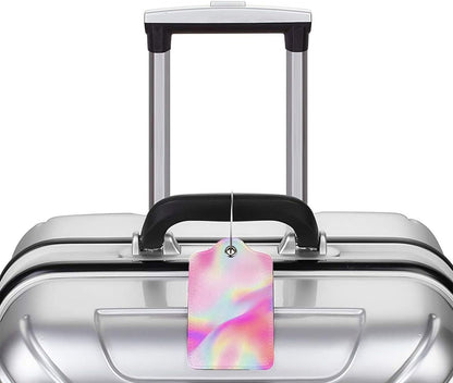 2Pcs Shining Pink Luggage Tags, Colorful Fancy Glittering Name ID Identifier Labels for Suitcase Baggage Travel Bag, Aesthetic Leather Bag Tags with Full Privacy Cover