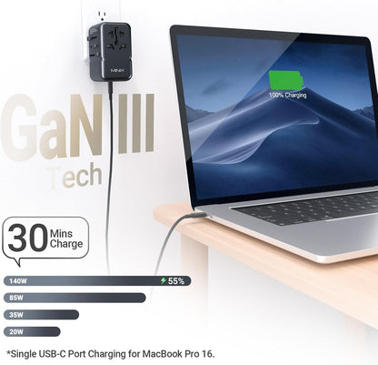 MINIX 85W Universal Travel Adapter, GaN III International Power Adapter, 3 USB-C 2 USB-A Ports, AC Outlet, Worldwide US/UK/EU/AU Travel Charger for Laptops Tablets Phones and More