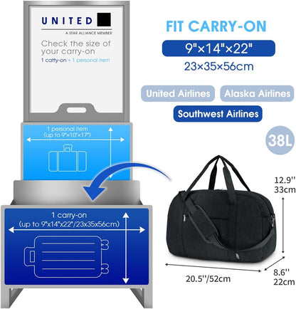 Narwey Carry on Bag 22x14x9 Airlines Approved, Carry on Duffle Bag for Airplane with Wet Pocket, Travel Duffel Bag Luggage Bag Weekender Overnight for Women Men (Black)