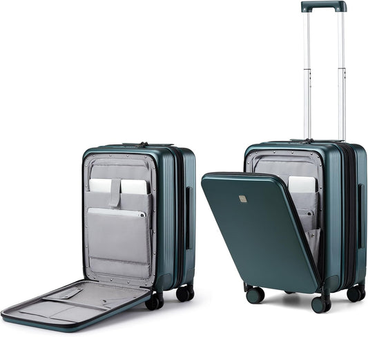 Hanke Grace Expandable Carry On Luggage with Wheels Airline Approved Hard Shell Suitcases with Front Pocket，Top Opening Luggage with TSA Lock for Short Business Travel, Blackish Green.