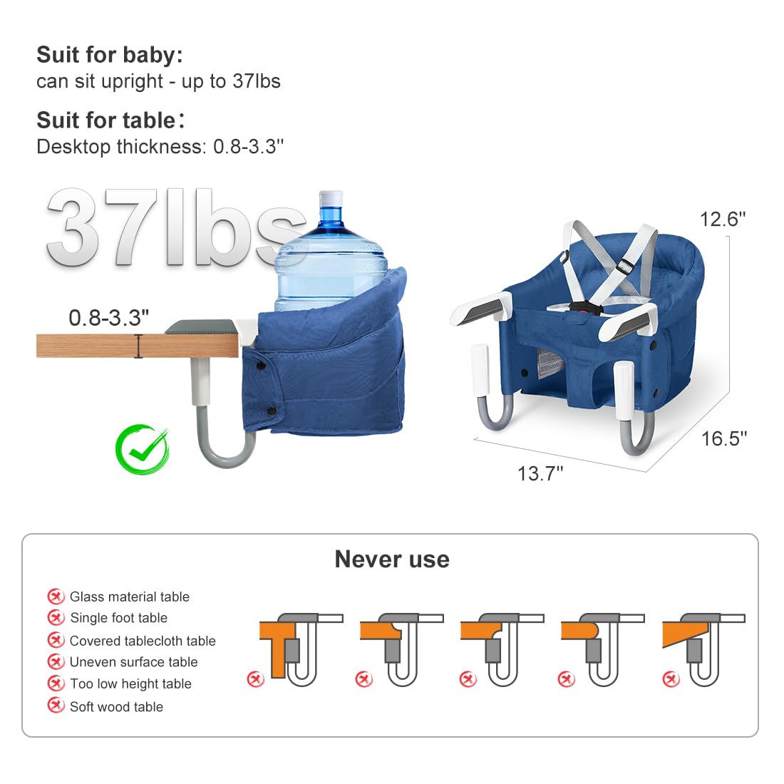 MTWML Hook On High Chair with Tray,Portable Baby High Chair That Attaches to Table,Clip On Fast Table High Chair for Babies and Toddlers.Baby Feeding Seat for Table and Counter to Travel (Pure-Blue)