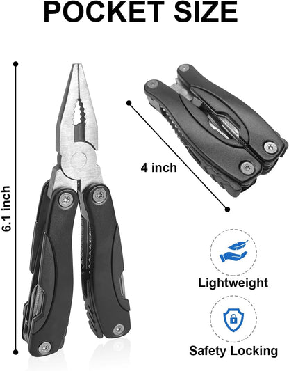 UNOONE 11-in-1 Multitool Pliers - Stainless Steel Pocket Knife with Pliers, Screwdriver & Bottle Opener - Aluminum Handle EDC Knives for Survival, Camping, Hunting, Hiking - Gift for Men Women(Silver)