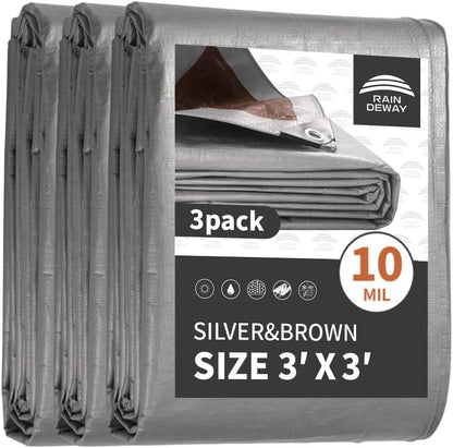 RAINDEWAY Small Tarps Heavy Duty Waterproof 3x3 Feet (3 Pack), 10Mil Multipurpose Poly Mini Tarp Cover with Metal Grommets and Reinforced Edges, Silver/Brown Tarp
