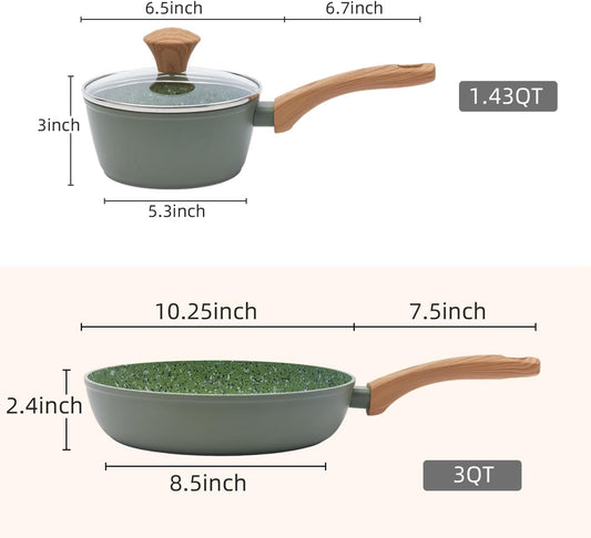 Nonstick Cookware Set, 2-Piece Non-Toxic Coated 10.25 Inch Frying Pan & Saucepan with Lid, PFOA Free Dishwasher Safe, Induction Compatible, Beginner Kitchen Pots and Pans Set, Green