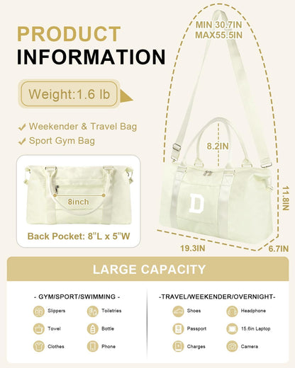 Initial Travel Duffel Bag Sports Gym Bag for Kids Teen Birthday Gifts,Beige Personalized Weekender Bag Carry On Dance Bags for Women Men,Waterproof Monogram Overnight Bag with Trolley Sleeve(Letter D)