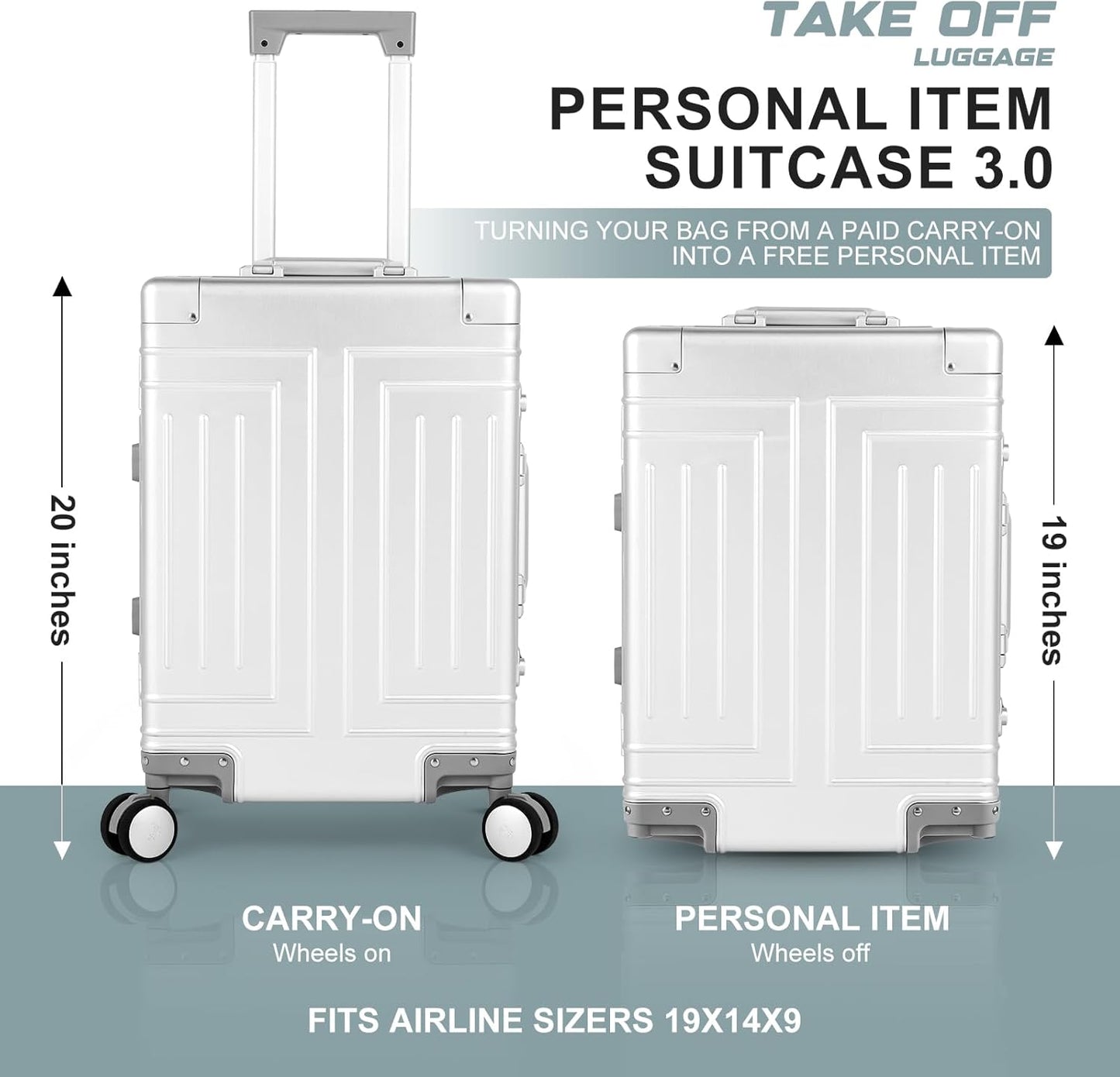 All Aluminum 20'' Luggage with Removable Spinner Wheels,Provide Spare Wheels.Carry on Luggage 22 x 14 x 9 Airline Approved Lightweight Metal Hard Shell Zipperless Suitcase