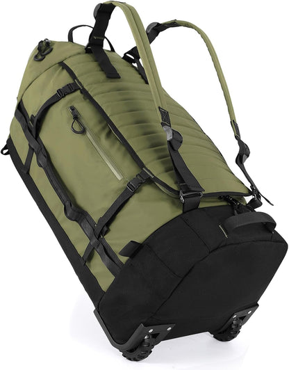 Rolling Duffle Bag with Wheels,86L 30”Folding Duffle Backpack with 2 Wheels,Travel Bag with Separate Shoe Compartment,Green