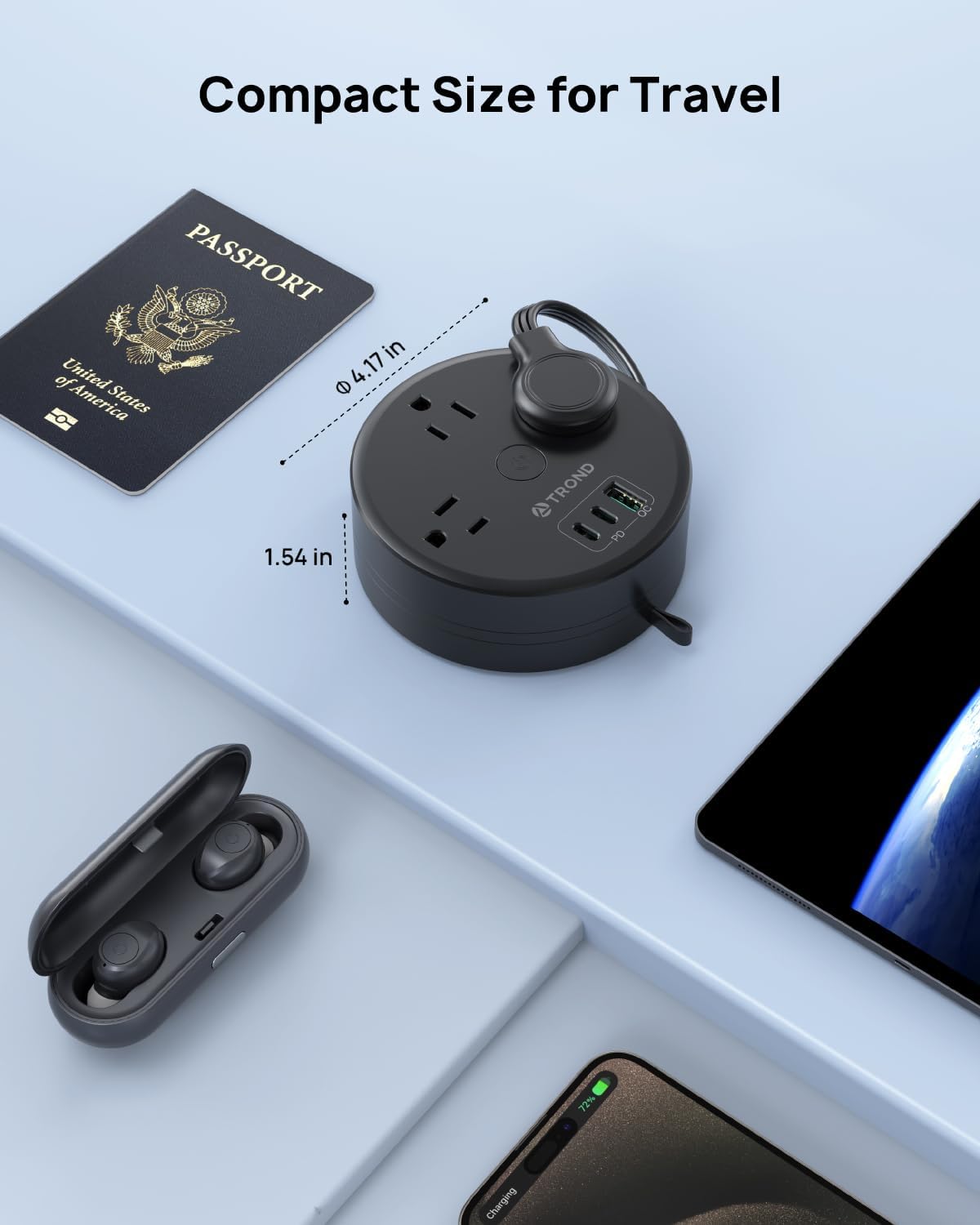 TROND 20W USB C Travel Power Strip - Retractable Extension Cord 5ft Ultra Thin Flat Plug, Power Strip with 3 AC Outlets and USB C Fast Charging, Cruise Ship Essentials, for Home Hotel Dorm Room, Black