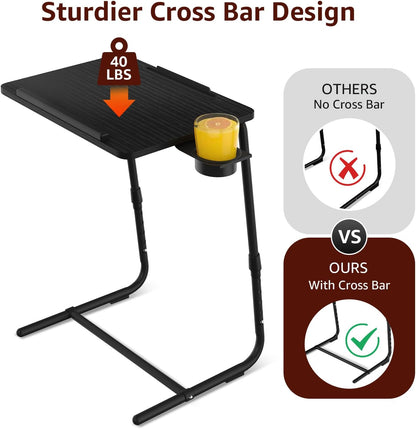 TV Trays Set of 2 - Folding TV Tray Adjustable Dinner Trays for Eating On Couch Wooden Tables Mate Stand Foldable Black Desk with Cup Holder Portable