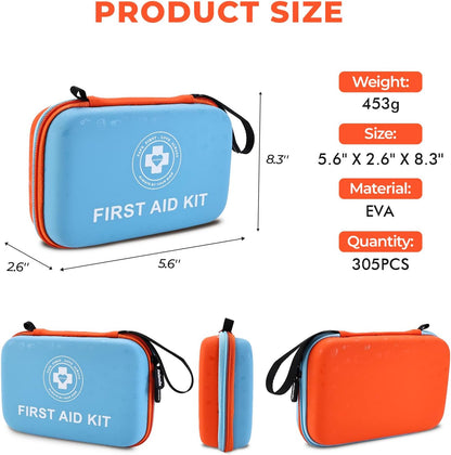 Premium First Aid Kit - 305 Piece Dual-Color Emergency Kit with Hard Shell & Fluorescent Interior Coating, Compact Survival Kit for Home, Car, Travel, Hiking & Outdoor(Blue/Orange)