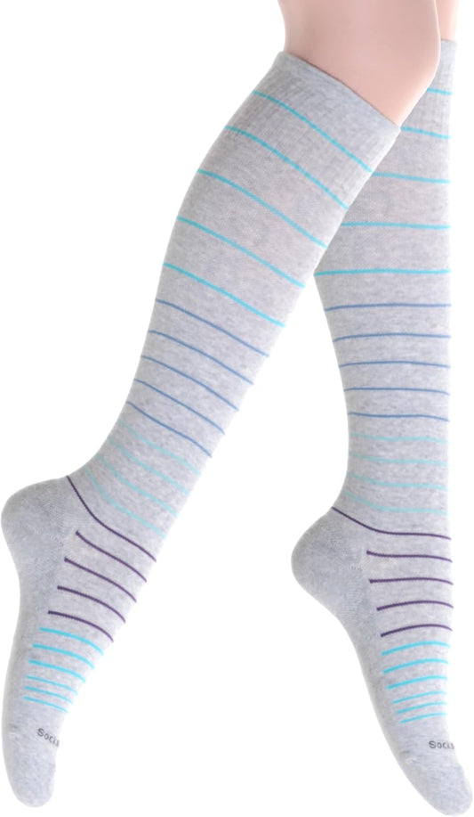 Cotton Compression Socks for Women & Men. 15-20 mmHg Support Knee-High Misty Gray Stripes M/L