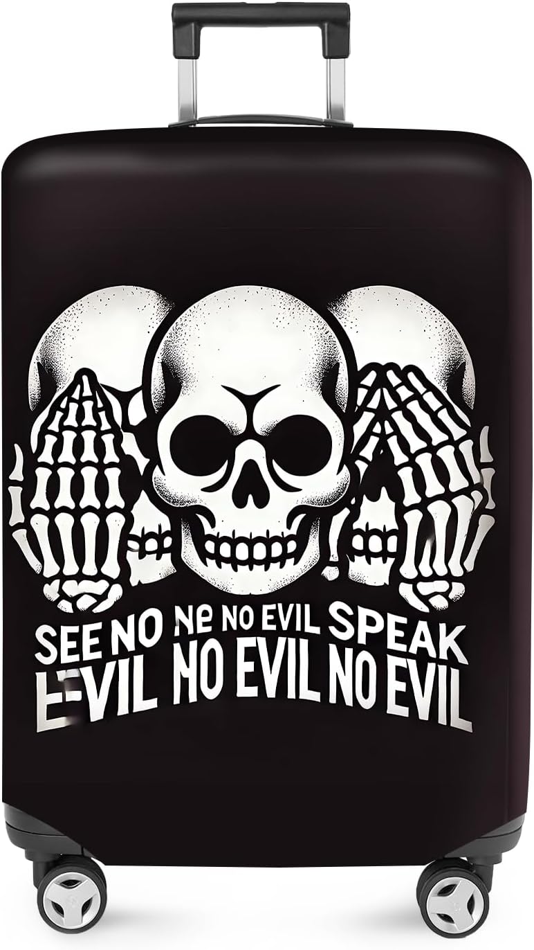 ANNA QUEEN Gothic Skull Luggage Cover, “See No Evil, Hear No Evil, Speak No Evil” Skeleton Design, Stretchable, Washable Suitcase Protector for 32-34 Inch Travel Suitcases
