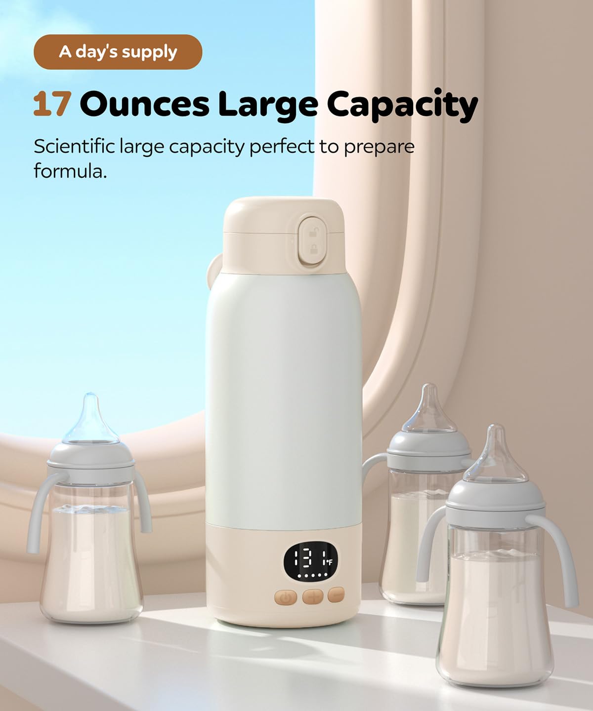 Portable Bottle Warmer for Travel, 17 Ounces Milk Warmer for Baby Breastmilk with Fast Heating & Precise Temp Control, Bottle Warmer for Car, Outdoors
