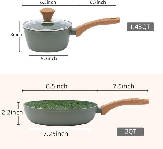 Nonstick Cookware Set, 2-Piece Non-Toxic Coated 8.5 Inch Frying Pan & Saucepan with Lid, PFOA Free Dishwasher Safe, Induction Compatible, Beginner Kitchen Pots and Pans Set, Green