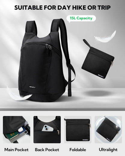 WATERFLY Foldable Lightweight Hiking Backpack: 15L Packable Traveling Daypack Men Women Ultralight Thin Casual Day Pack Bag for Outdoor Sports Camping Beach Park (Black)