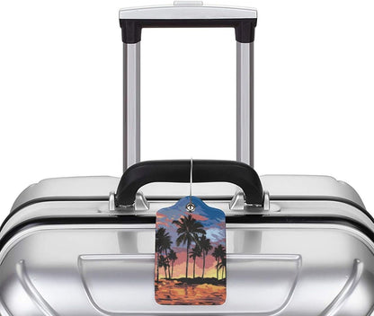 2Pcs Summer Palm Tree Luggage Tags, Beach Landscape Name ID Identifier Labels for Suitcase Baggage Travel Bag, Aesthetic Leather Bag Tags with Loop