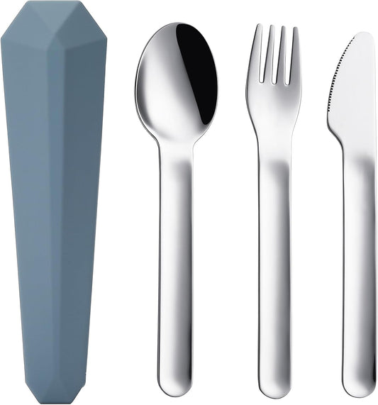 DEVICO Travel Utensils with Case, Reusable Camping Silverware Cutlery, 18/8 Stainless Steel Portable Fork Spoon Knife Set for Lunch Picnic School Workplace (Blue)