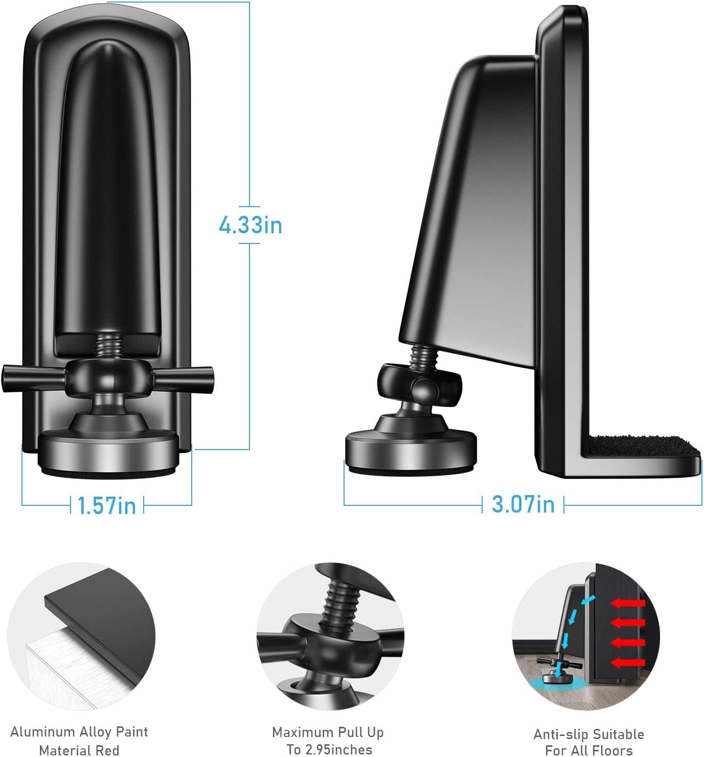 Door Jammer Door Stopper, Portable Door Security Lock for Travel/Apartment/Safety Self Defense/Personal Protection, Aluminum Alloy Anti-Slip Door Lockdown Security Device (Black)