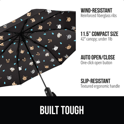 GORILLA GRIP Strong Stick Umbrella for Rain, Compact Travel One-Click Automatic Open Close, Lightweight, Portable, US Designed Reinforced Fiberglass Ribs, Wind Resistant, Easy Collapse, Cats Dogs