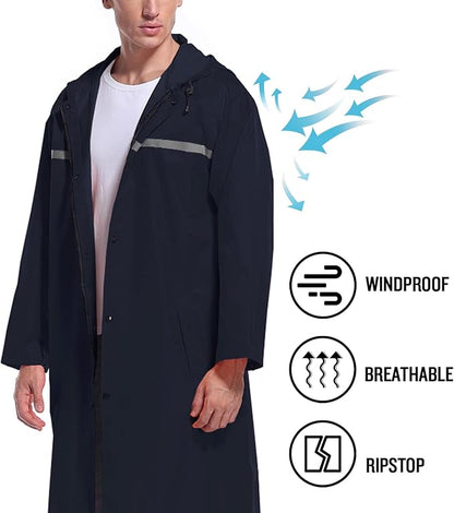 Mens Long Hooded Safety Rain Jacket Waterproof Emergency Raincoat Poncho