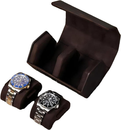 Genuine Leather Watch Roll Travel Case, Vintage Full Grain Leather Hexagon Watches Storage Organizer with Display Removable Pillows & Solid Dividers for Home Storage &Display (2 Slot)