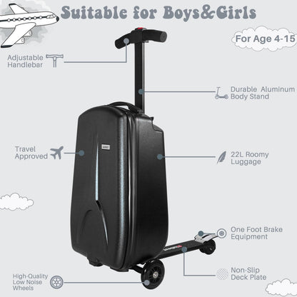 MRPLUM 20" Ride-On Suitcase with Detachable Scooter for Kids,Foldable Hardshell Carry-On Luggage for Toddlers Ages 4-15 with Adjustable Handle,Easy Steering&Brake(Airplane Approved)