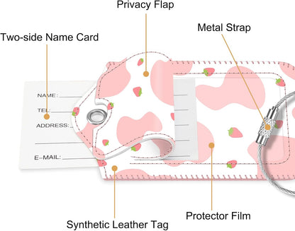 Fintie Luggage Tags, Privacy Cover ID Label with Stainless Steel Loop and Address Card for Travel Bag Suitcase - Strawberry Cow (2 Piece)