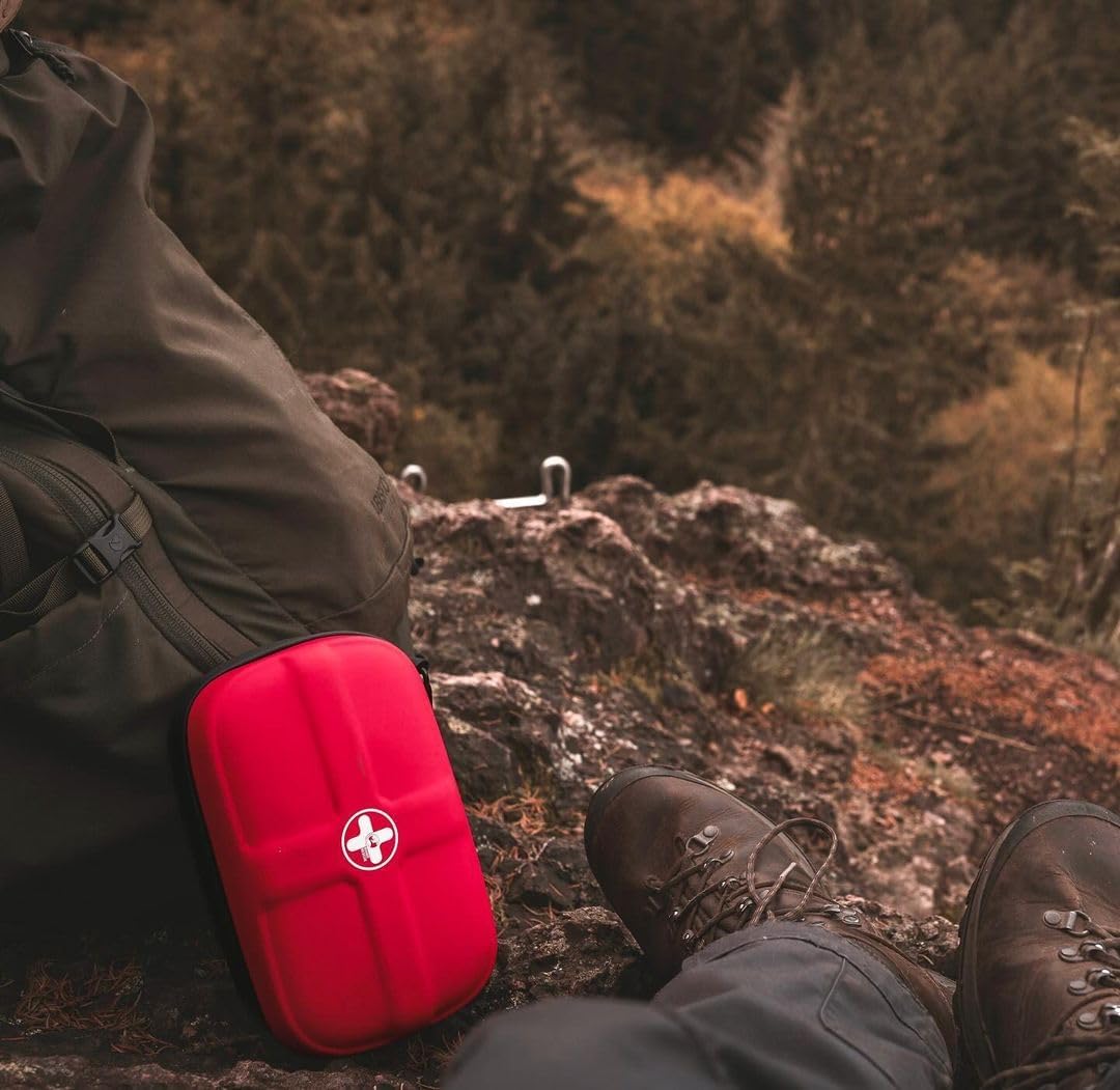 RHINO RESCUE EVA First Aid Kit, Small Waterproof Portable Emergency Hiking First Aid Kit for Backpacking, Medical Kit for Travel, Home, Car, College Dorm, Camping, Boat, Back to School (Red)