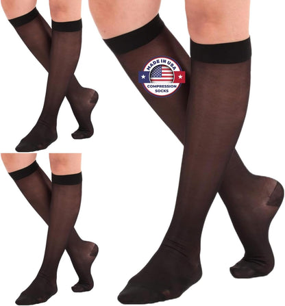 (3 Pairs - Closed Toe) Wide Calves Sheer Compression Socks for Women 15-20mmHg - Womens Compression Stockings for Circulation during Sport, Work, Travel, Flight - Black, 4X-Large - A101BL7-3