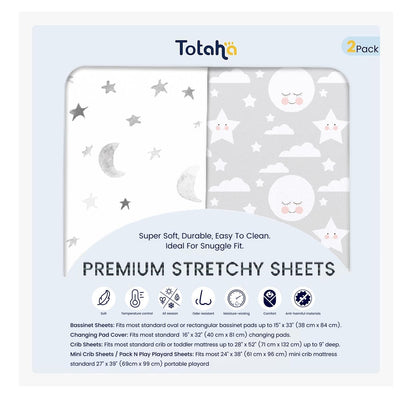 TotAha Premium Stretchy Crib Sheets (2-Pack)-Hypoallergenic, Silky Comfort, Buttery Soft, Calming Effect, All-Season Jersey-Knit Sheets, 9'' Extra Deep Pocket, Moon & Grey Sky