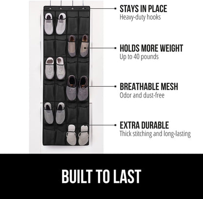 GORILLA GRIP Over the Door Shoe Organizer, 24 Large Breathable Mesh Pockets, Space Saving Hanging Storage Holder, Closet Rack Hanger Holds Up to 40 lbs, Hangs on Closets for Shoes, Accessories, Black