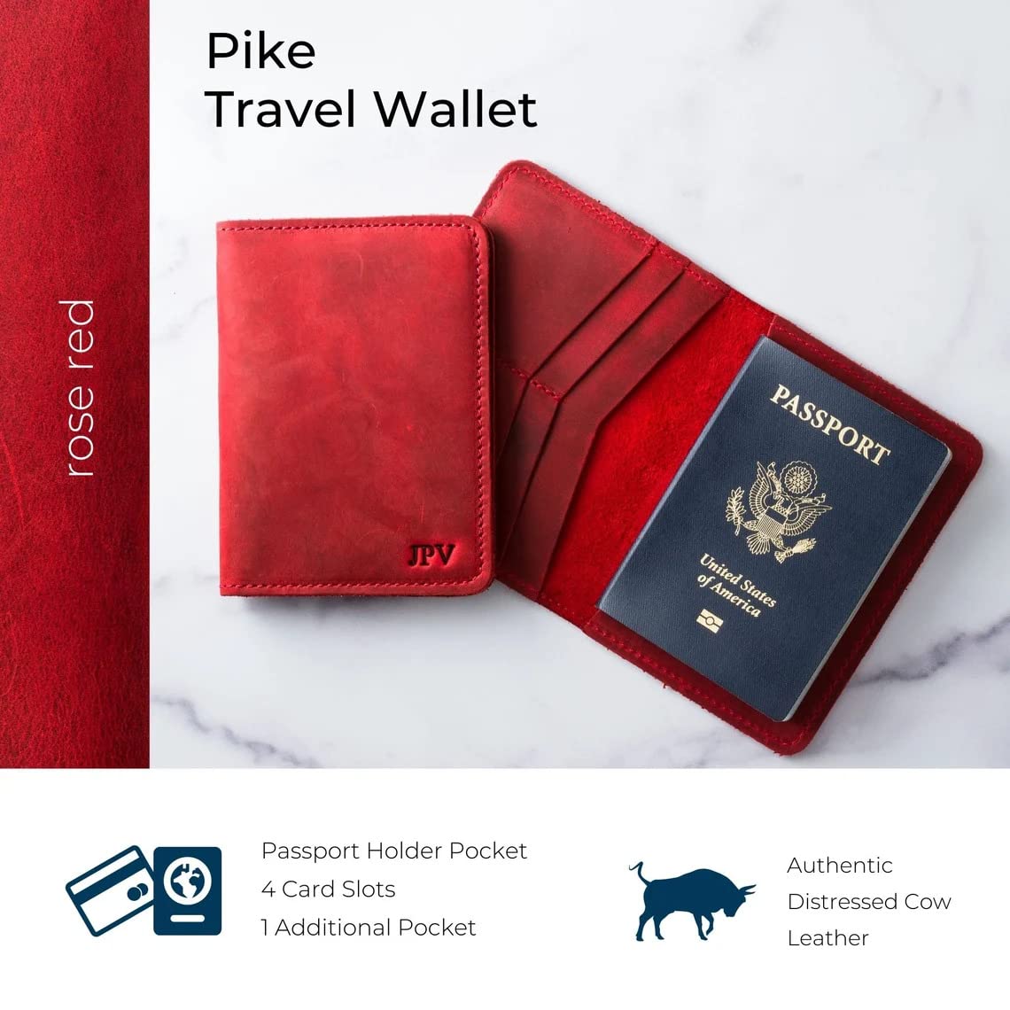 PEGAI Standard Full Grain Crazy Horse Leather Passport Holder | Custom Travel Passport Cover & Organizer | Handcrafted Leather Passport Wallet for Men and Women | Pike (Rose)
