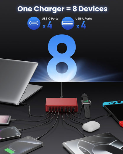 200W USB C Charger Block,8-Ports GaN III Fast Charging Station Hub,QC4.0+PD 65W Laptop Charger Wall Chargers Power Adapter for MacBook Pro/Air,DELL,Steam Desk,iPhone 17/16/15,iPad,Galaxy S25,Pixel-Red