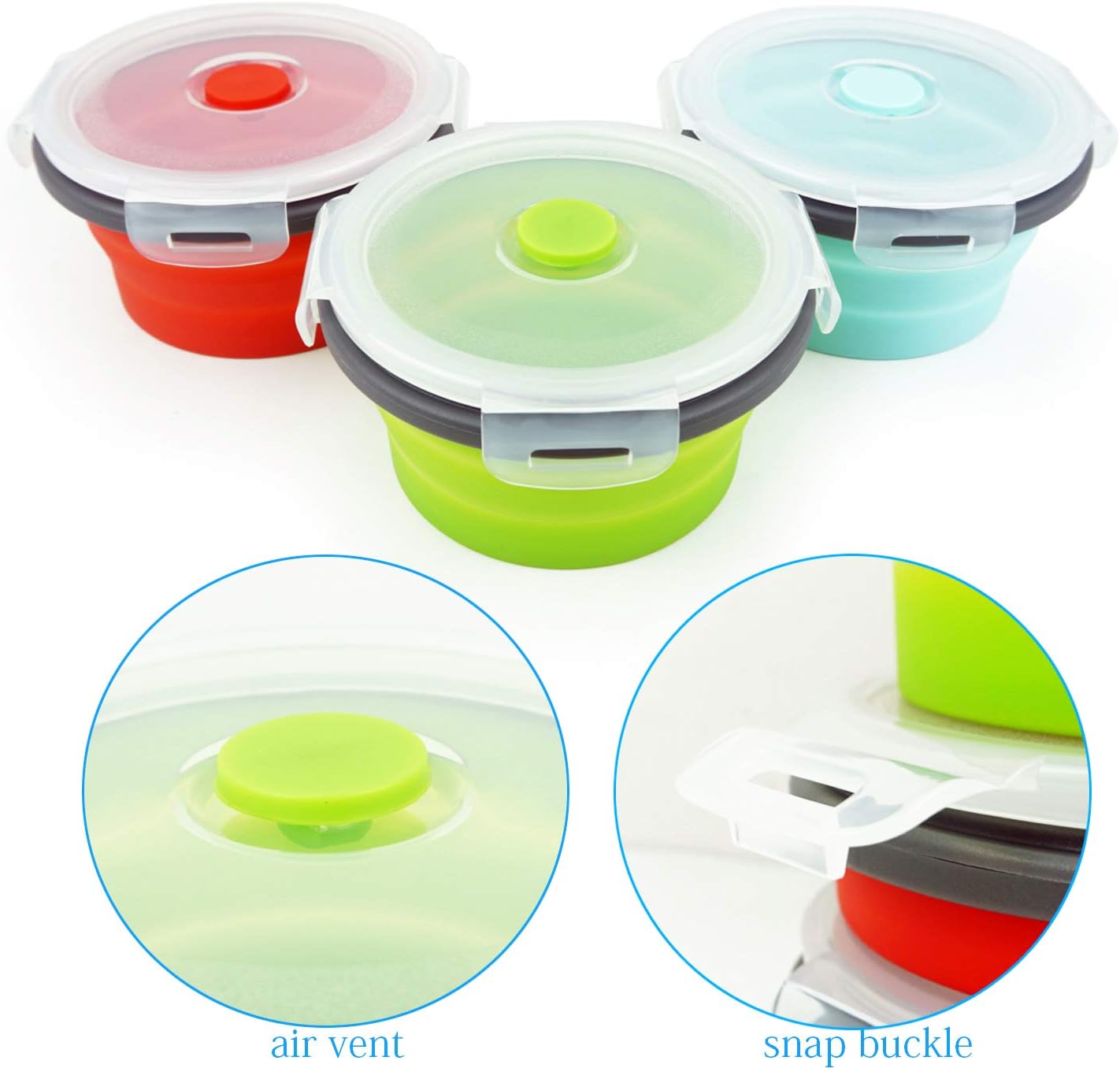 Ecomorning 3Piece Round Collapsible Lunch Container Silicone Food Storage Containers Collapsible Camping Bowl with Airtight Silicone Lids, Microwave, & Freezer Safe, 350ML