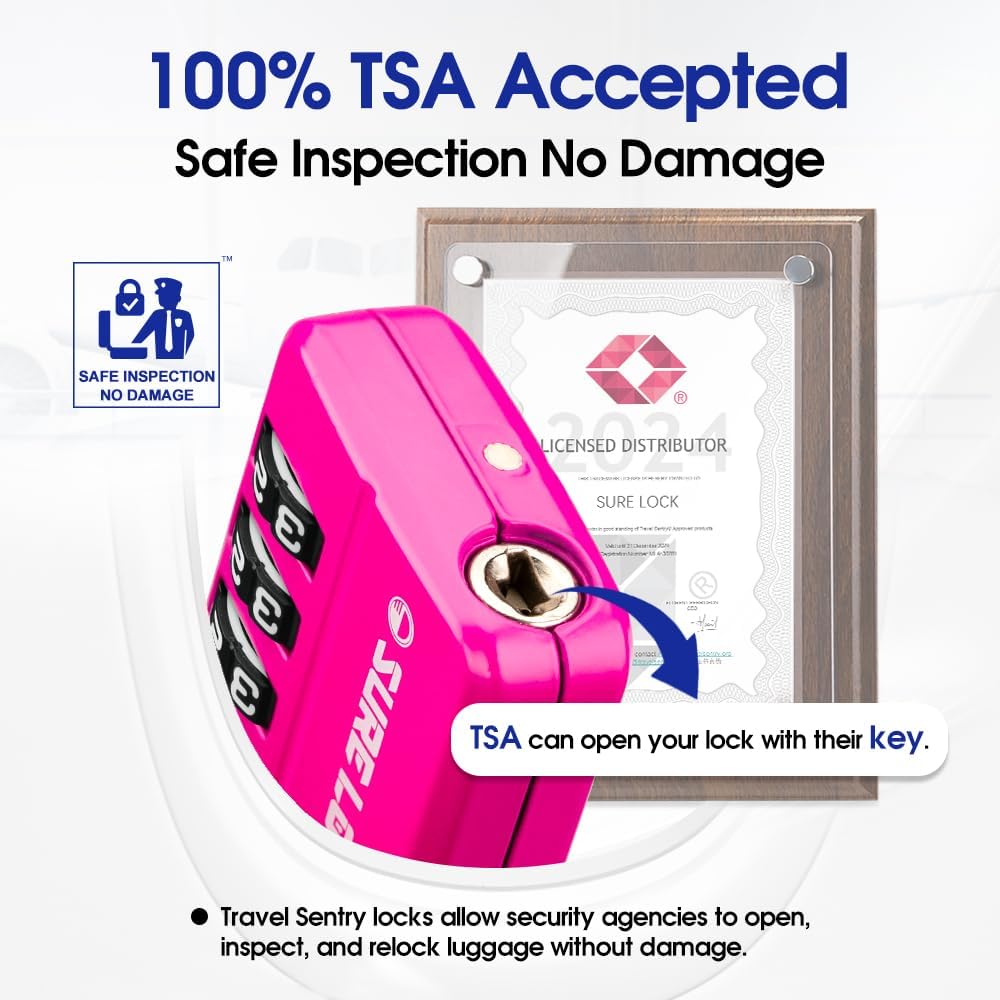 SURE LOCK TSA-Approved 4-Digit Resettable Combination Lock with Open Alert, Easy-Read Dials - for Luggage, School Lockers, Gym, Office, Toolbox & Security Cases (Pink 4 Pack)
