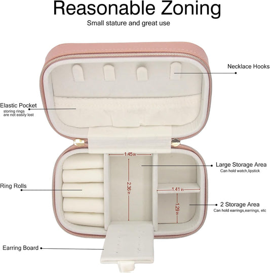 Small Jewelry Travel Case For Womens Small Rectangle PU Leather Jewelry Box With Zipper 2.56" H Portable Travel Jewelry Case For Earring Rings Necklaces Bracelets Pink Jewelry Gifts Box