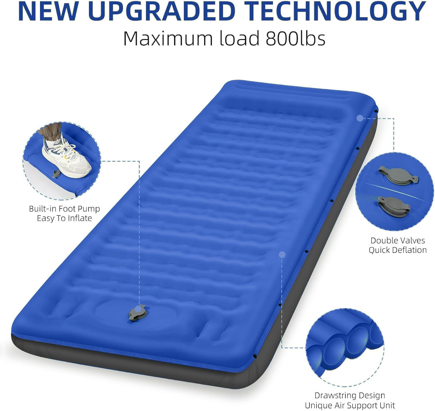 Camping Sleeping Pad 5 Inch, Inflatable Sleeping Pad with Pillow & Built-in Foot Pump - Extra Thick Air Mattress for Camping, Backpacking, Tent - Lightweight Compact Floor Bed (Blue Grey)